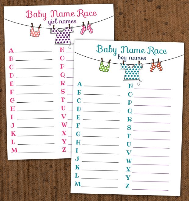 two baby name race game cards with clothes hanging from the clothesline and letters on them