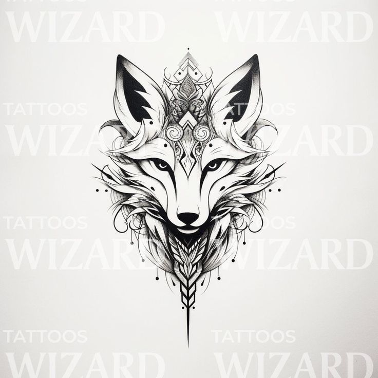 Gemini Fox Tattoo, Wolf And Phoenix Tattoo, Grey Fox Tattoo, Fox Pyrography, Animal Mandala Tattoo, Concept Tattoo Design, Geometric Fox Head, Geometric Tattoo Leg, Wilderness Tattoo