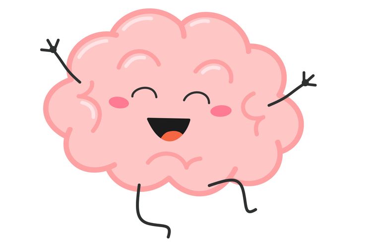 a happy pink brain with arms and legs up in the air, smiling at someone