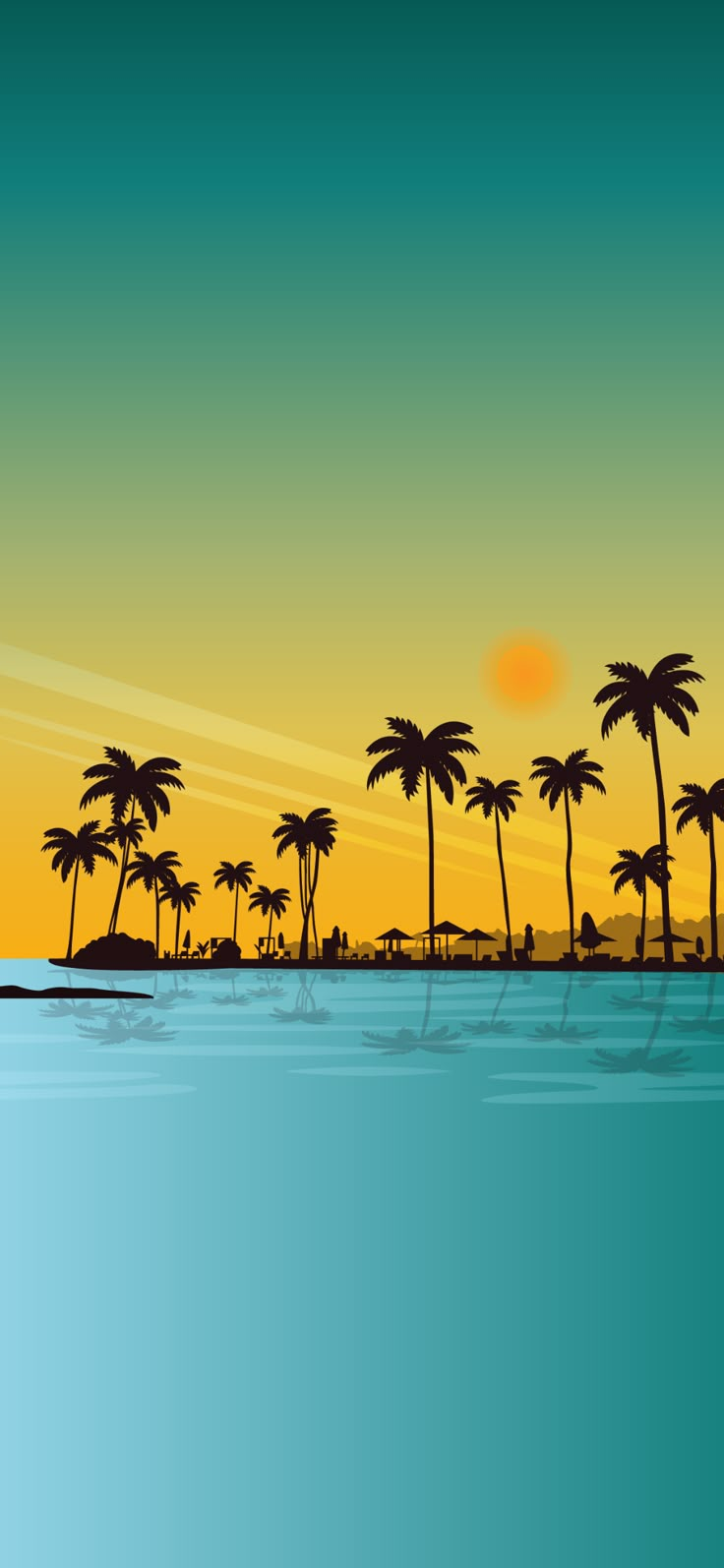 a tropical sunset with palm trees in the foreground and an island in the background