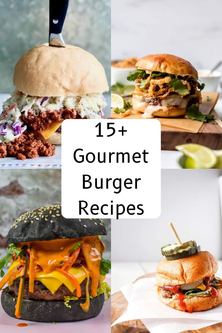 different burgers with the words 15 gourmet burger recipes on top of them