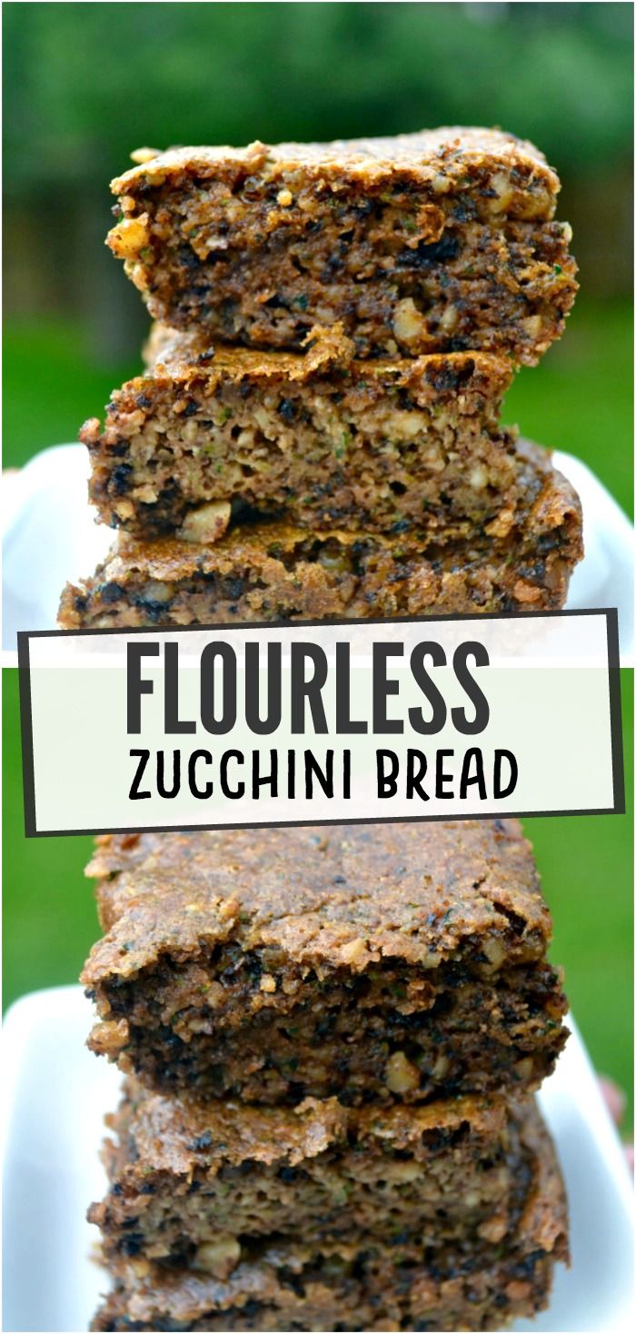 three slices of zucchini bread stacked on top of each other in front of the words flourless zucchini bread