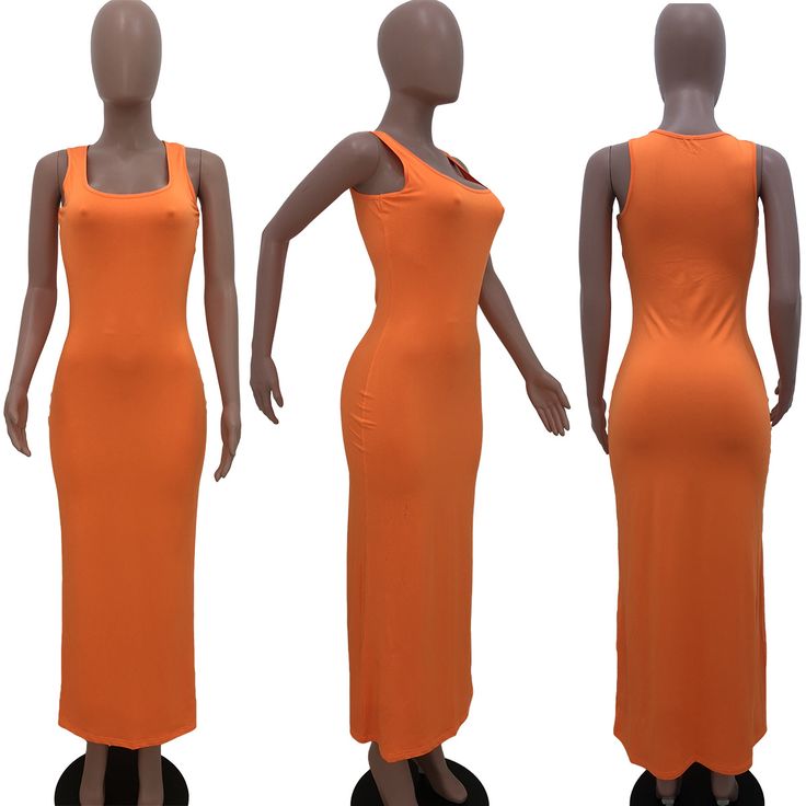 Sexy Sleeveless U-neck Solid-color Mid-waist Dress Orange Sleeveless Maxi Dress For Party, Solid Sleeveless Dress For Summer Clubbing, Orange Stretch Maxi Dress For Night Out, Casual Backless Sleeveless Dress For Club, Solid Color Stretch Sleeveless Dress, Sleeveless Bodycon Solid Color Dress, Sleeveless Bodycon Dress In Solid Color, Sleeveless Orange Bodycon Beach Dress, Stretch Orange Sleeveless Dress For Party