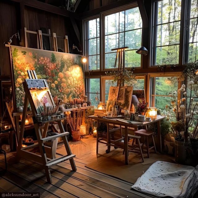 an artist's studio with easel, canvass and candles in front of large windows