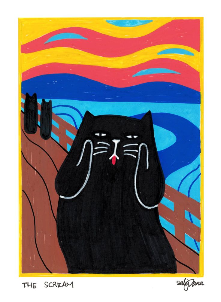 a painting of a black cat sitting on top of a wooden fence next to the ocean