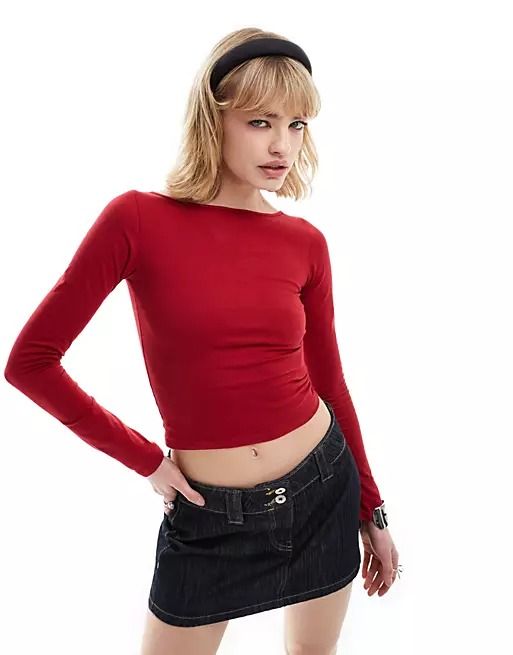 Motel amabon long sleeve slash neck top in red | ASOS Fitted Casual Long Sleeve Top With Scoop Neck, Fitted Casual Long Sleeve Scoop Neck Top, Fitted Scoop Neck Long Sleeve Top, Long Sleeve Solid Color Tops For Night Out, Solid Color Long Sleeve Tops For Night Out, Casual Fitted Red Long Sleeve Top, Red Long Sleeve Top For Spring, Scoop Neck Tops For Night Out In Fall, Versatile Long Sleeve Solid Color Top