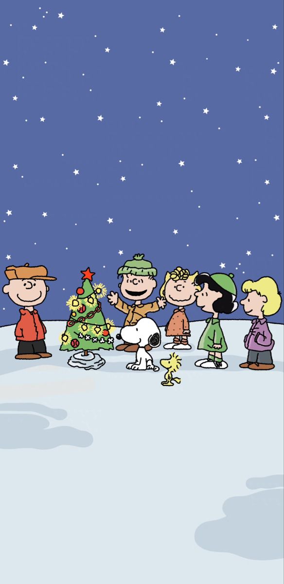 a group of cartoon characters standing in the snow with a christmas tree and stars behind them