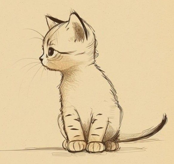 a drawing of a cat sitting on the ground looking at something off to the side