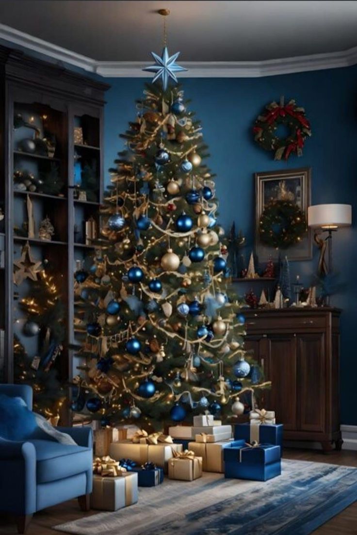 a living room with a christmas tree and presents