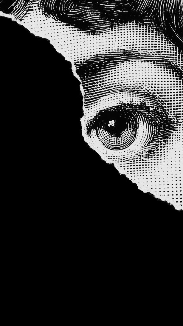 a woman's face is shown in black and white, with the image of an eye