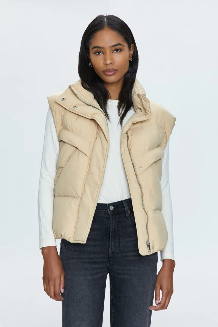 Pistola Joss Quilted Puffer Vest in Warm Sand - Estilo Boutique Cream Puffer Vest, Colorful Vest, Oversized Puffer, Quilted Puffer Vest, Best Swimwear, Fall Winter Wardrobe, Fall Capsule Wardrobe, Outerwear Vest, Active Wear Shorts