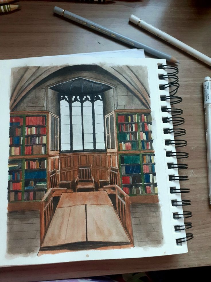 a drawing of a room with bookshelves and chairs