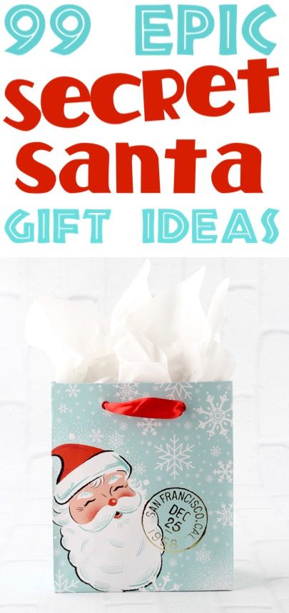 a santa gift bag with the words 99 epic secret santa gift ideas in red and blue