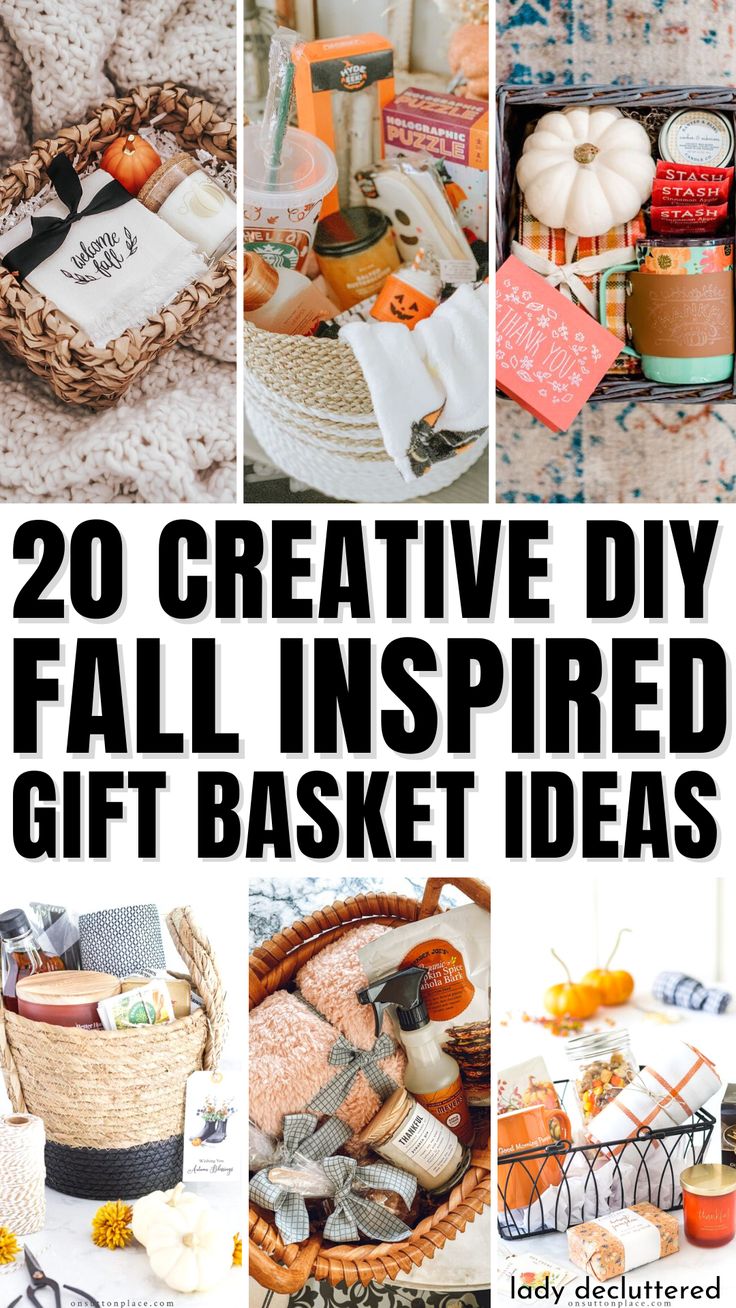 20 Creative DIY Fall Inspired Gift Basket Ideas Fall Baking Basket Ideas, Fall Coffee Gift Basket Ideas, Fall Neighbor Gift Basket, Unique Gift Baskets Creative, Fall Basket For Teachers, Fall Festival Gift Basket Ideas, Gift Baskets Wrapping Ideas, Thanksgiving Themed Gift Baskets, Pumpkin Spice Gift Basket Ideas