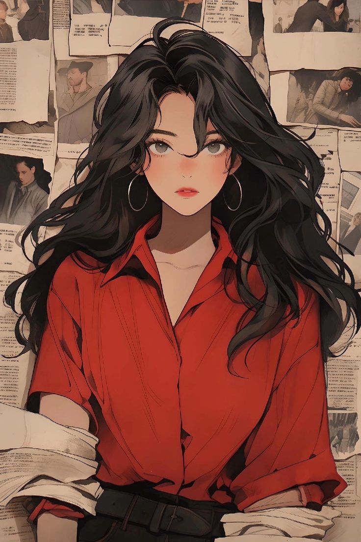 an anime character with long black hair and red shirt