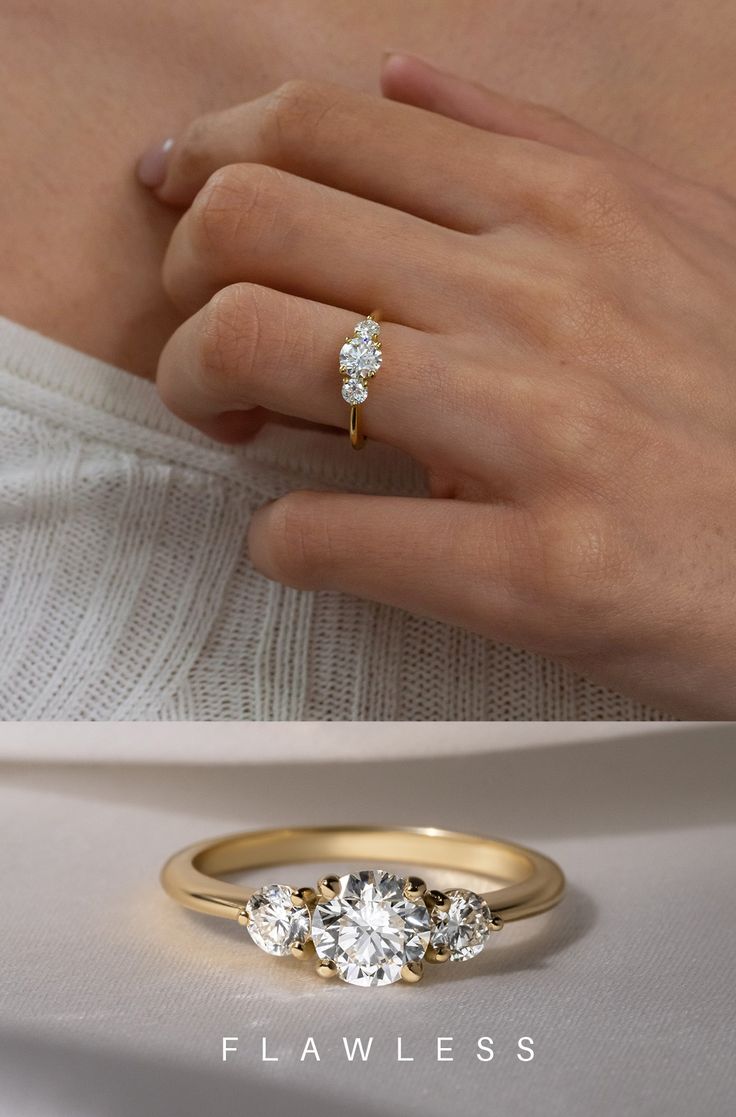 a woman's engagement ring with three stones on the side and an image of her hand