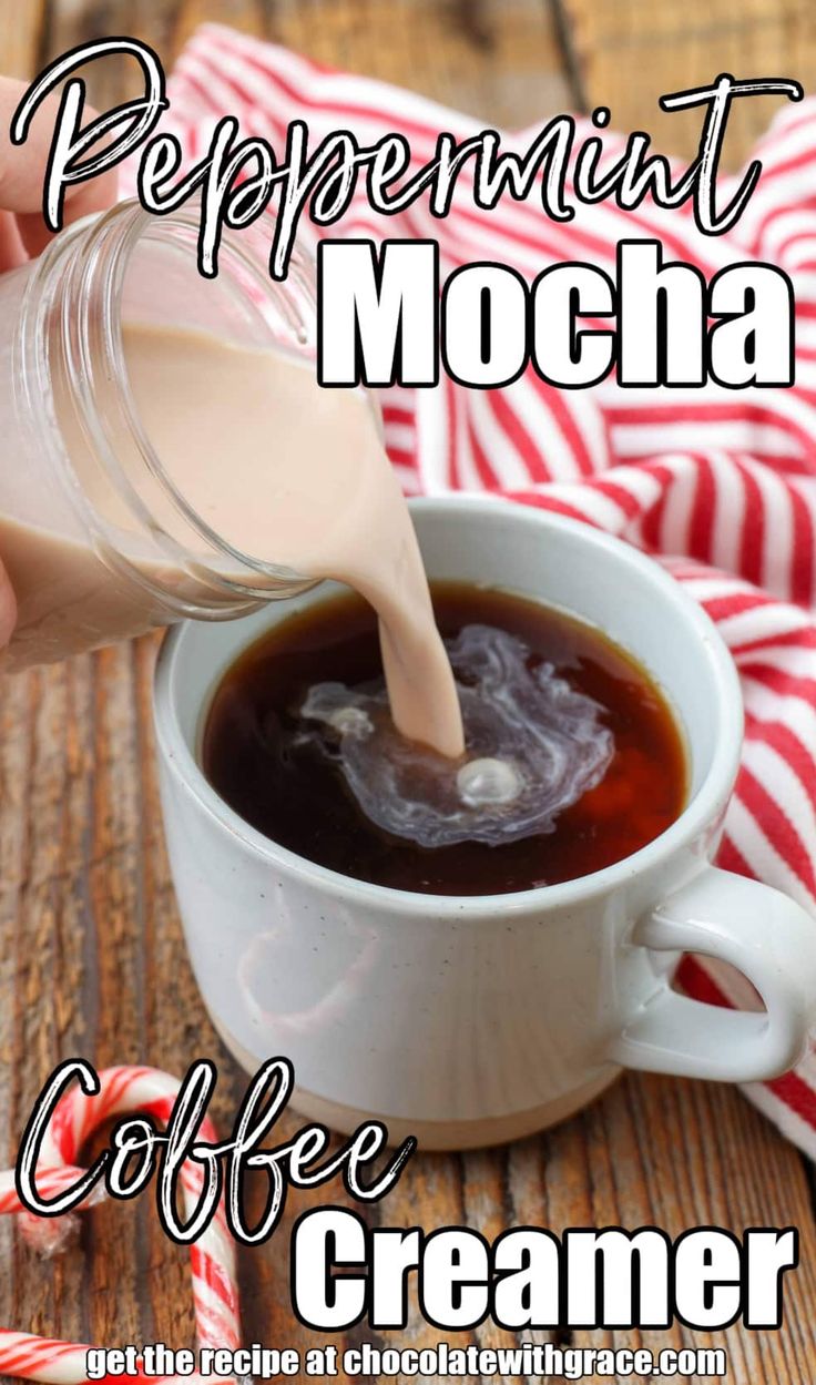 coffee creamer being poured into a cup with peppermint mocha