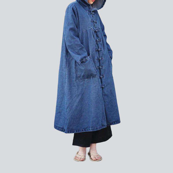 Make a fashion statement with the 2023 Spring-Summer Collection's one-of-a-kind Chinese-style hooded denim coat. inspired by the 90s!Why You'll Fall In LoveThis long. medium wash. buttoned closure coat is designed to bring you the best of both worlds - the signature flair of the 90s. and the modern sensibilities of today. Every stitch is crafted to perfection. promising to take your look to the next level.Unmissable Highlights: 90s Inspired: Embrace the iconic fashion scene of the 90s with this Hooded Denim Blue Jacket For Winter, Hooded Dark Wash Denim Jacket For Fall, Trendy Washed Hooded Denim Jacket, Blue Hooded Denim Jacket For Fall, Baggy Denim Outerwear For Spring, Oversized Hooded Jacket With Pockets For Spring, Hooded Denim Blue Outerwear For Fall, Hooded Dark Wash Cotton Denim Jacket, Casual Hooded Denim Jacket For Spring