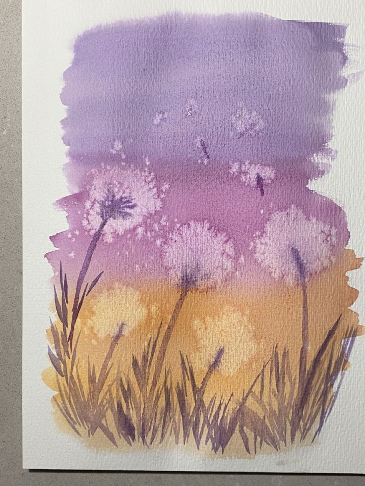 a watercolor painting of grass and flowers with purple sky in the backgroud