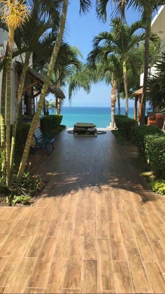 a walkway leading to the beach with palm trees