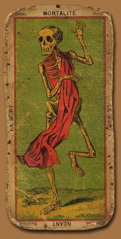 a tarot card with a skeleton on it's back and arms in the air