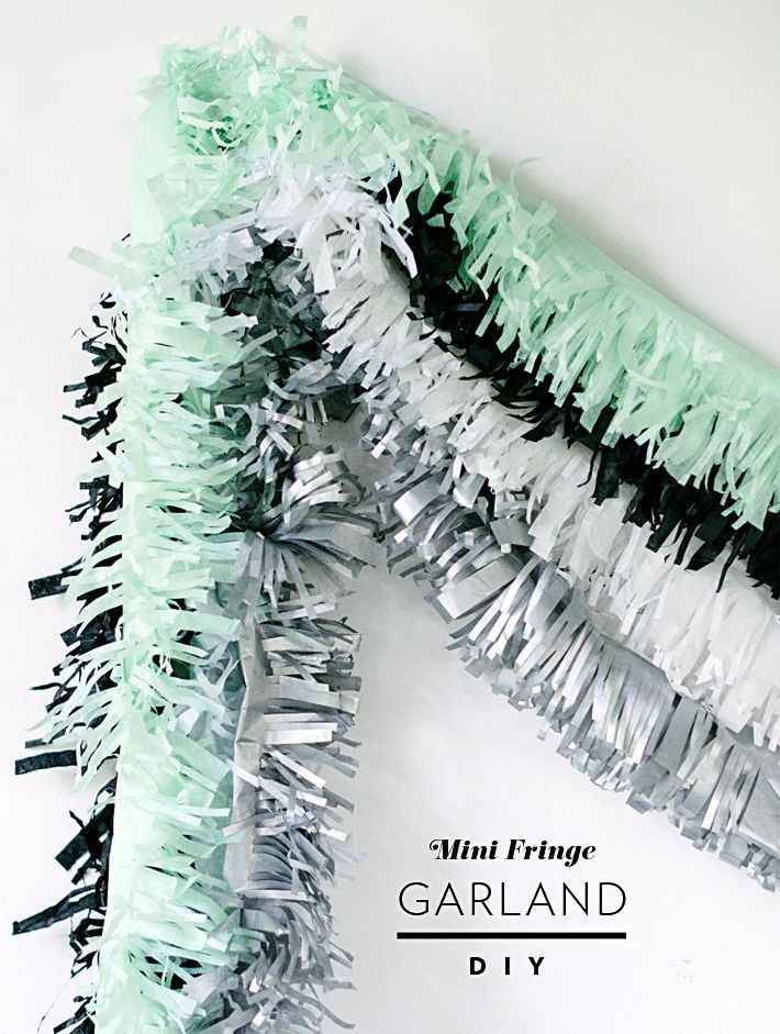 a green and silver streamer hanging from the side of a white wall with text overlay that reads mini fringe garland diy