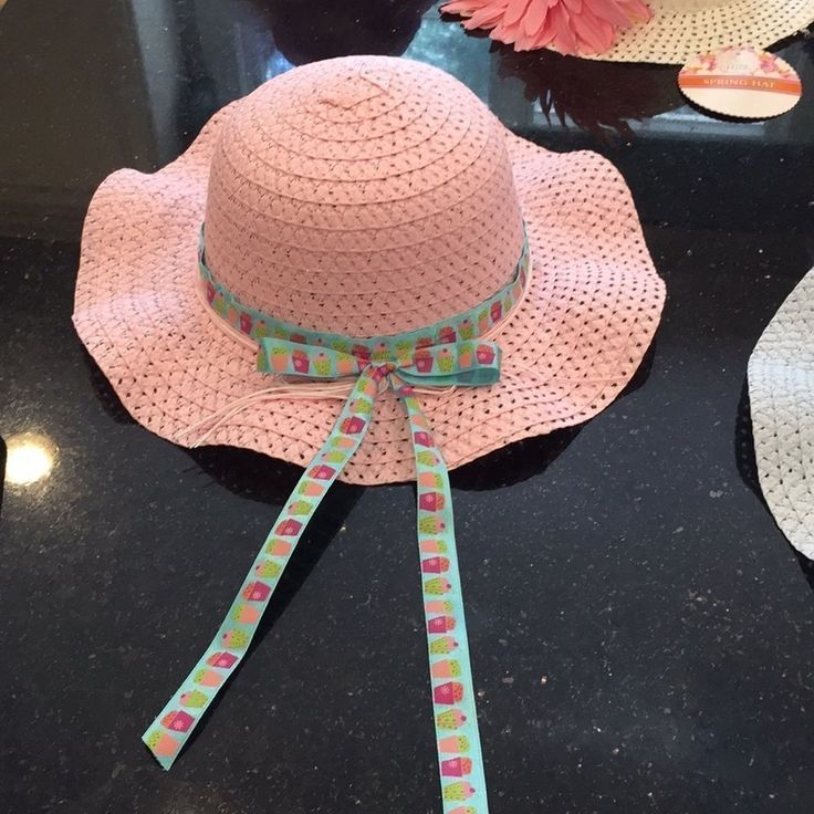 Pink Straw Hat With The Teal Blue Cupcake Ribbon Bow Inside Of The Hat Measures 7 Inches Nwt Cute Multicolor Sun Hat For Spring, Fun Pink Sun Hat For Vacation, Fun Hats For Spring Playtime, Fun Hats For Playtime In Spring, Cute Multicolor Wide Brim Hat, Fun Spring Playtime Hat, Cute Pink Sun Hat For The Beach, Cute Multicolor Brimmed Sun Hat, Cute Pink Sun Hat For Beach