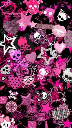 pink and black wallpaper with skulls, stars and hearts on the bottom right corner