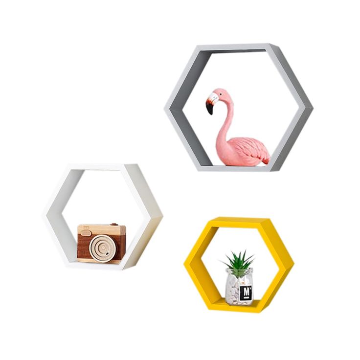 three hexagon shaped shelves with flamingos and pineapples on each shelf