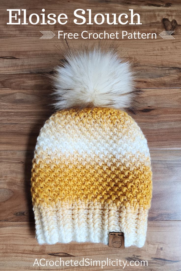 a crocheted hat with a pom - pom on it and the text,