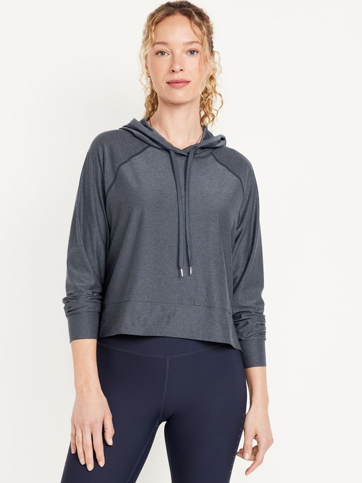 drawstring hood raglan sleeves pullover style go-dry wicks moisture loose fit hits high on hip models are approx.  5'9" and wear sizes s (4), l (12), and xl (18)machine wash according to the care instruction label Moisture-wicking Long Sleeve Sweats For Fall, Sporty Long Sleeve Sweats In Athletic Heather, Sporty Athletic Fit Hoodie With Moisture-wicking, Relaxed Fit Sweats With Drawstring Hood For Sports, Sporty Activewear With Adjustable Hood For Sports Season, Sporty Athletic Fit Moisture-wicking Hoodie, Athletic Fit Casual Hooded Hoodie, Long Sleeve Drawstring Sweatshirt For Sports, Gray Stretch Sporty Sweats