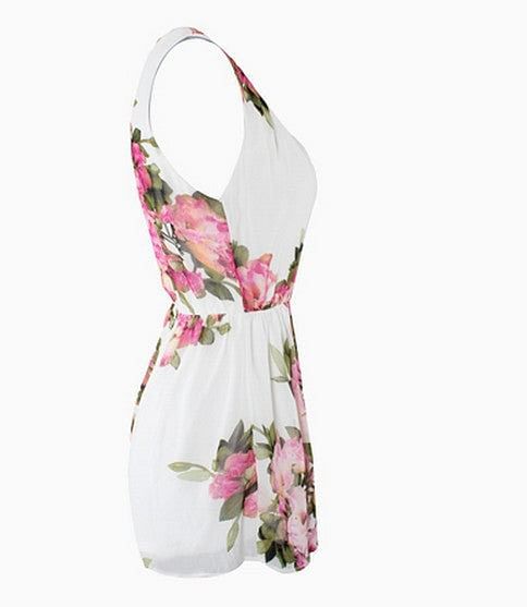 Open back chiffon floral romper jumpsuit M:Bust-32"-36" Waist-25"-32"(elastic) Length-28" L:Bust-33.2"-36.7" Waist-26.5"-36"(elastic) Length-28.86" Summer Chiffon V-neck Jumpsuit, Chic Flowy Floral Jumpsuits And Rompers, Chic Flowy Jumpsuits And Rompers With Floral Print, Pink Floral Print Jumpsuits And Rompers For Garden Party, Pink Floral Print Jumpsuits For Garden Party, Summer Chiffon V-neck Jumpsuits And Rompers, White Floral Print Sleeveless Chiffon Dress, Sleeveless Chiffon Jumpsuit For Spring, Spring Beach Chiffon Jumpsuits And Rompers