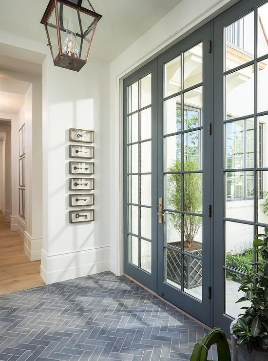 an entry way with two doors and a potted plant