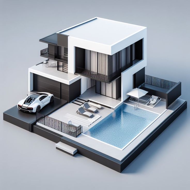 an architectural model of a house with a pool and car parked in the front yard