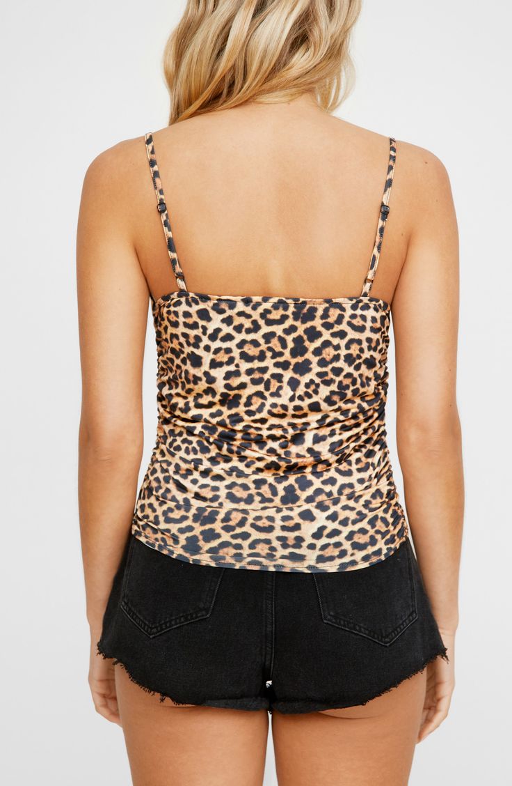 Ruching at the sides creates a drapey cowl neckline on this cami covered in fierce leopard print. Exclusive retailer 20" length (size 8) Cowl neck Adjustable straps Partially lined 96% polyester, 4% elastane Machine wash, line dry Imported Stretch Tiger Print Top For Summer, Leopard Print Camisole Top For Spring, Leopard Print Spaghetti Strap Tops For Summer, Leopard Print Spaghetti Straps Top For Summer, Leopard Print Cami Top For Spring, Fitted Leopard Print Camisole For Summer, Leopard Print Cami Top For Summer, Summer Leopard Print Camisole With Spaghetti Straps, Leopard Print Spaghetti Strap Tank Top For Summer