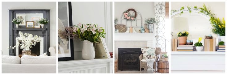 a living room with a fireplace and potted plants on the mantel in front of it