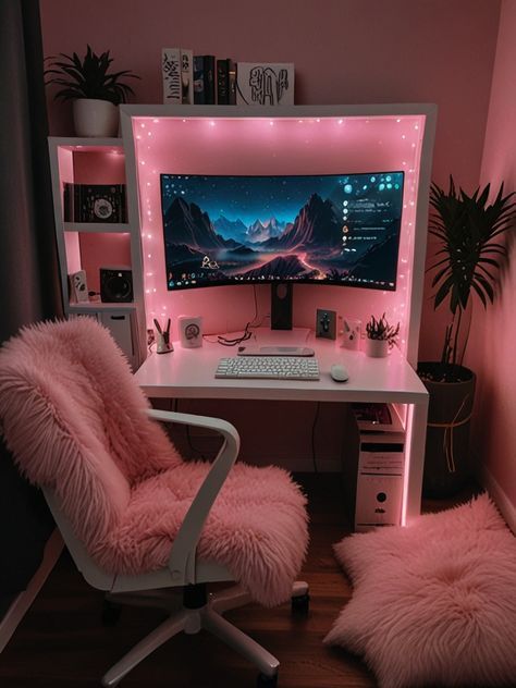 a desk with a computer and chair in front of it, lit up by pink lights