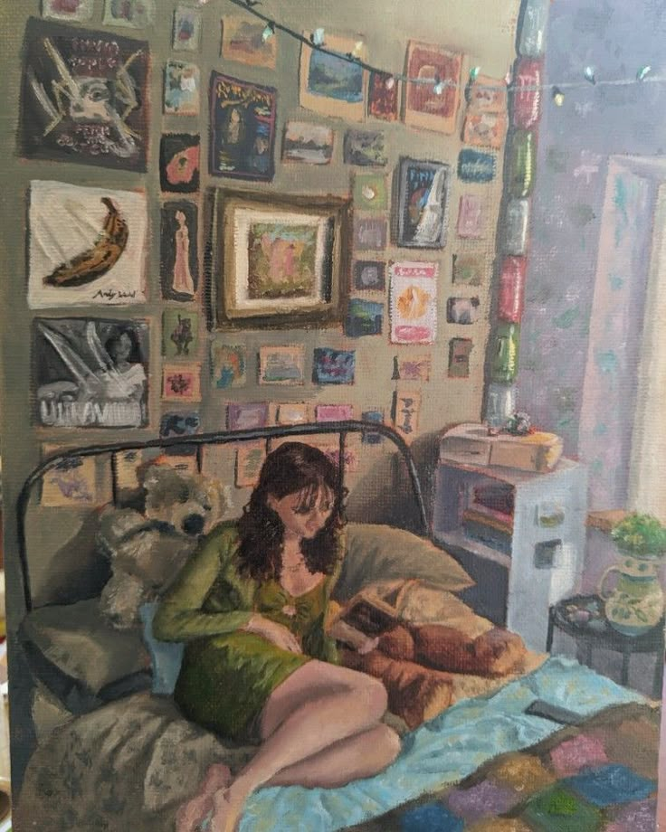 a painting of a woman sitting on a bed with her teddy bear in the foreground