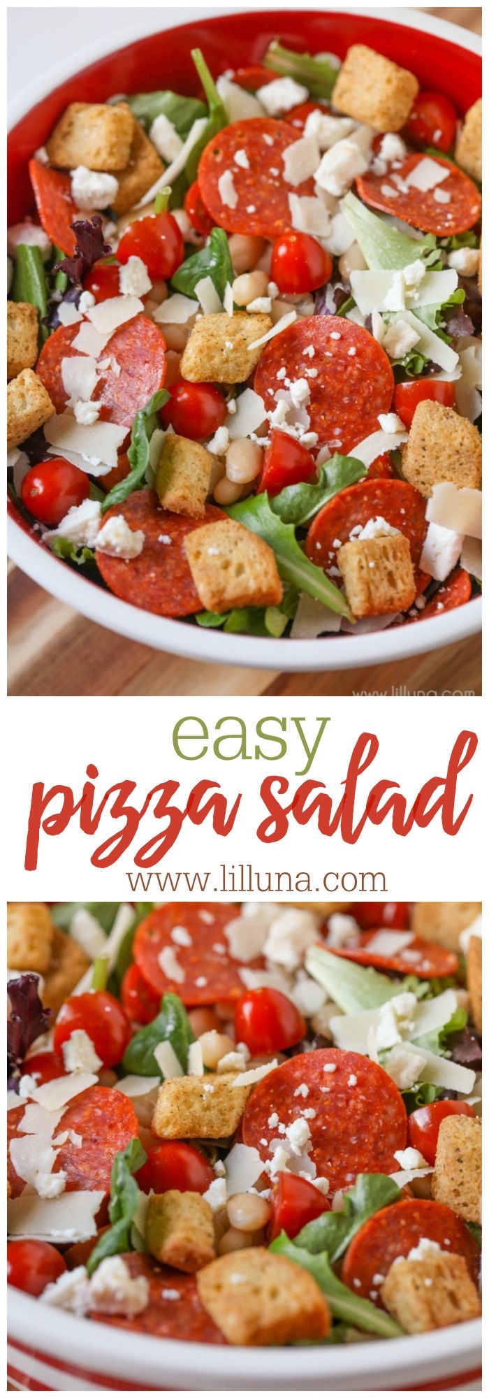 pizza salad with cheese and tomatoes in a red bowl