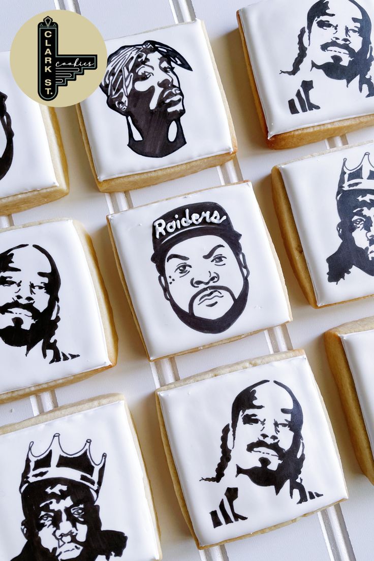 cookies decorated with black and white images of men