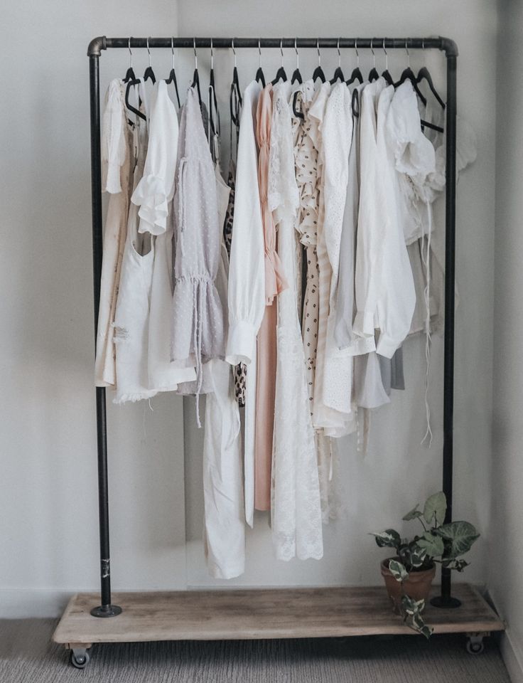 a rack with clothes hanging on it and a potted plant in the corner next to it