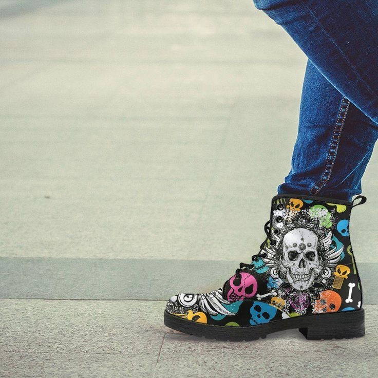 Looking for the latest footwear trend with exceptional quality and eye-catching, modern design? Then look no more! These vegan-friendly leather Colorful Punk Boots offer you that and much more! These Colorful Punk Boots ooze an undeniable charm with their unique colorful skulls design. A lot has gone into the construction and design of these amazing skull boots to bring out an exceptional masterpiece. Made from vegan-friendly leather, these Colorful Punk Boots can take on the harshest riding con Leather Boots With Spikes For Streetwear, Spiked Leather Boots For Streetwear, Alternative Style Spiked Leather Boots, Alternative Leather Boots With Studded Outsoles, Punk Low-top Streetwear Boots, Grunge Leather Boots With Spikes, Punk Low-top Boots For Streetwear, Spiked Leather Grunge Boots, Punk Leather Boots With Rubber Sole