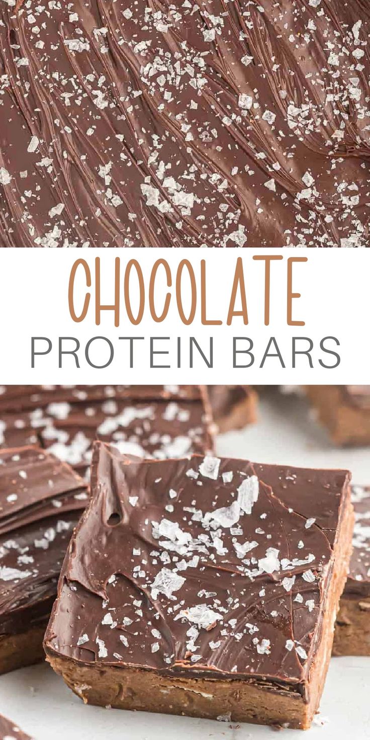 chocolate protein bars with white sprinkles on top and the words, chocolate protein bar