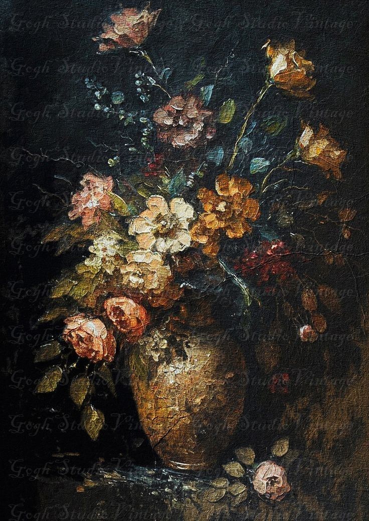 a painting of flowers in a vase on a table