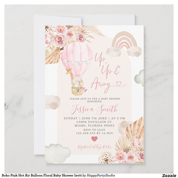 a pink hot air balloon baby shower with flowers and rainbows on the bottom, in front of a white background