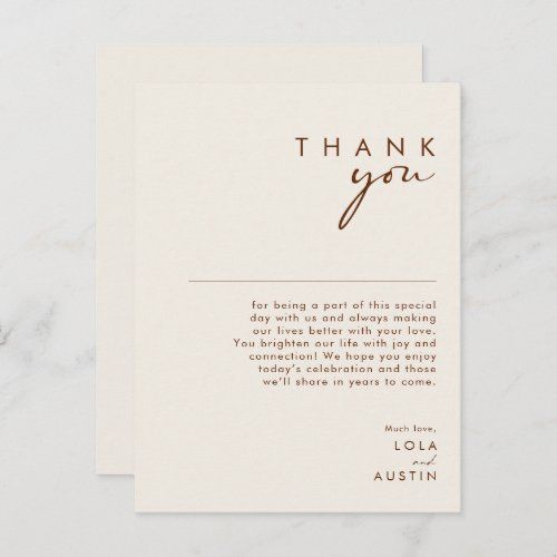 a thank card with the words, thank you written in brown ink on white paper