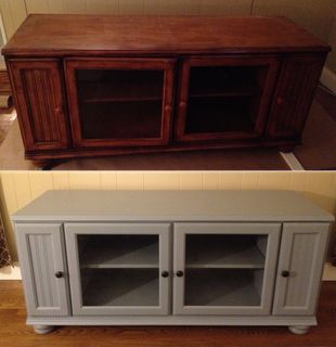 before and after pictures of a white entertainment center