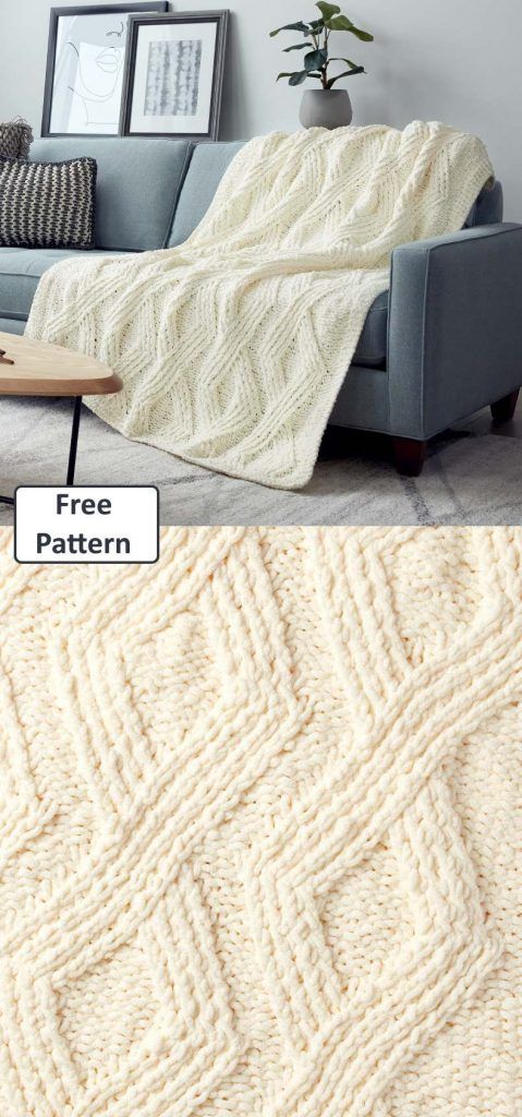 a couch with a blanket on it and the text, free pattern is shown below