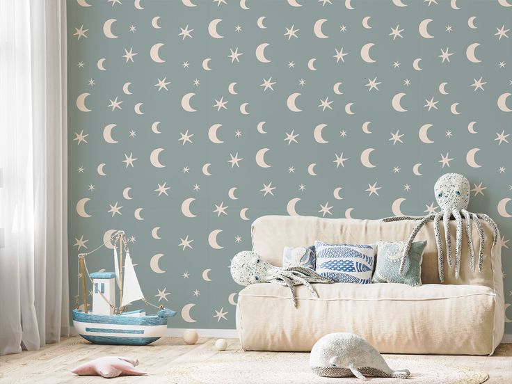 Danica Blue Boho Stars And Moon Nursery Wallpaper In Children's Playroom With Blue Boats, Octopus and Whales Boho Nursery Wallpaper, Magical Nursery, Toddler And Baby Room, Kids Bedroom Wallpaper, Stars Nursery, Wallpaper Soft, Moons And Stars, Wallpaper Textured, Dining Room Wallpaper