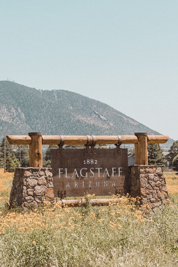 the sign for flagstaff arizona in front of a mountain range with wildflowers